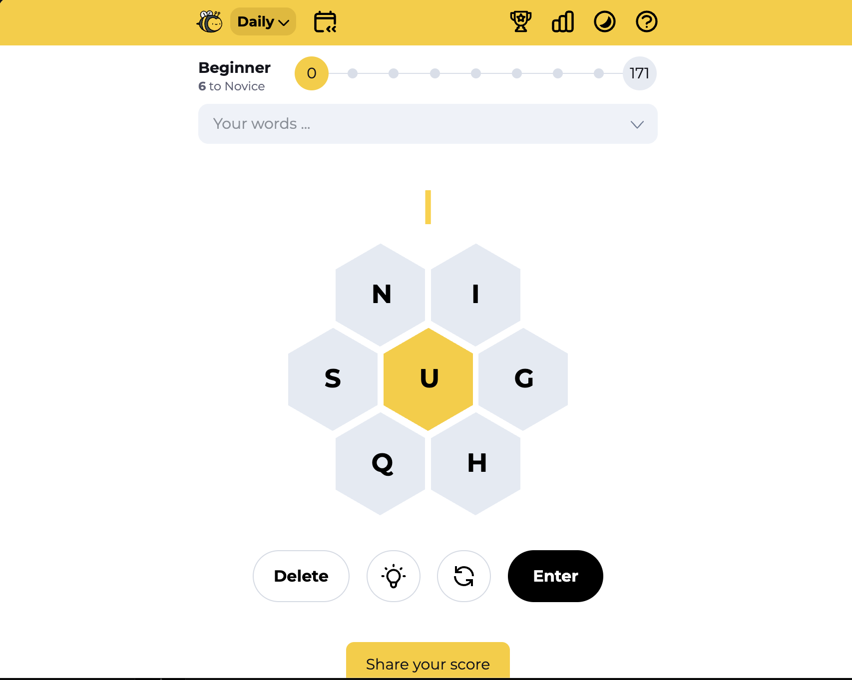Spelling Bee word puzzle game with seven letter honeycomb grid – free browser game